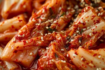 Detailed close-up of a plate of food featuring a vibrant sauce with intricate details like chili flakes and sesame seeds