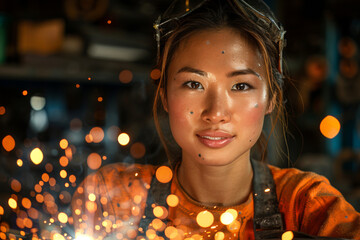 Asian female welder repairing steel in a car workshop - Powered by Adobe
