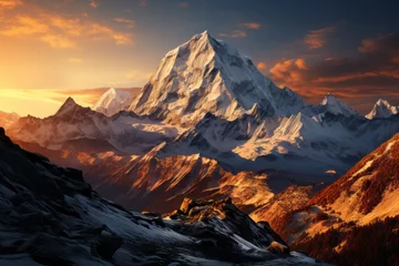 Zelfklevend Fotobehang Snowcovered mountain in natural landscape with sunset backdrop © JackDong