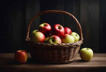 Basket with ripe apples on the table. Spring season, food and drink