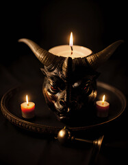 Magic candlestick in the form of a horned Demon. Ritual accessories, mysticism and occultism