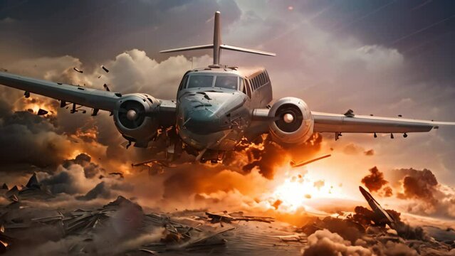 Airplane in a stormy sky. 3d render illustration, Military Plane Crashes In A Storm, AI Generated