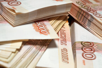 Five thousand banknotes of bank of Russia close-up, business concept. Selective focus, blur.