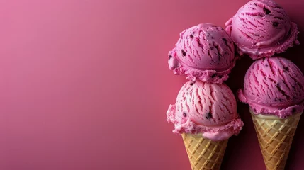 Schilderijen op glas Three Scoops of Ice Cream in a Cone on a Pink Background © yganko