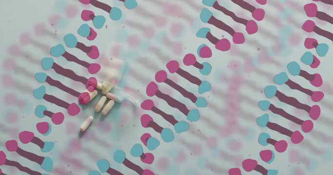 Animation of pink and blue dna strands over pills on white background