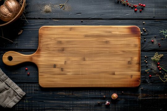 A wooden cutting board with a knife on top of it, placed on a black wooden table