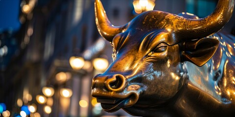 Close up of a metallic bull statue with illuminated background.