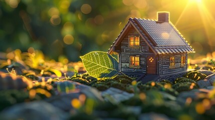 3d render small home with solar panel on green grass with a green leaf in the summer sun, in the style of environmental awareness, eco-kinetic