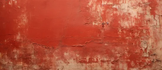 Poster An artistic close up of a red and white wall with peeling paint resembling a natural landscape painting, with tints and shades blending like a horizon, grass, and wood texture © AkuAku