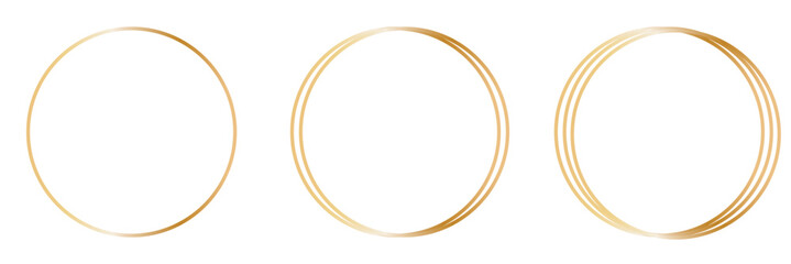 Round shiny frames with glowing effects. Set of three gold round frames with shadows on white background. Vector illustration
