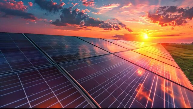 Solar energy or renewable energy concept, Solar panels at dusk,Solar panels and sunset