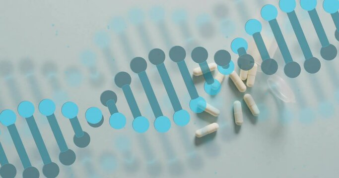 Animation of blue dna strand over pills on grey background