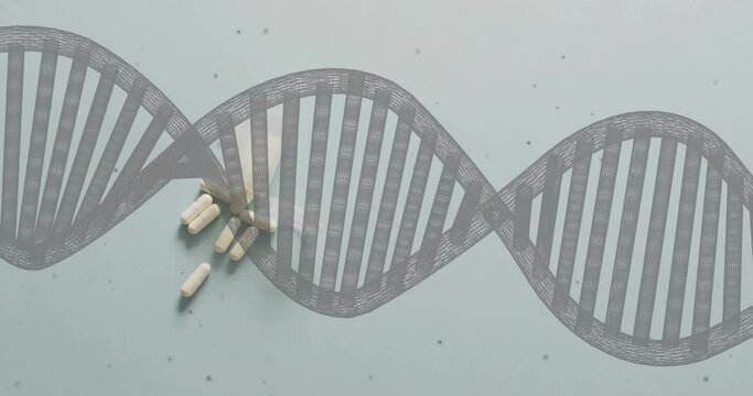 Animation of dna and dark spots over pills on grey background