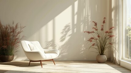 Modern Minimalist Room with White Chair and Plant