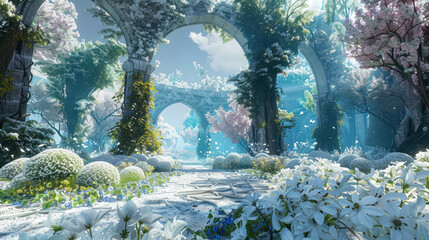 Enchanted Elven Garden of Dreams with White and Light Blue Blossoms Amidst Colorful Elven Trees. With Arches. Fantasy Elven Landscape - obrazy, fototapety, plakaty