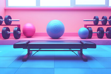 Interior of a fitness room with sport equipment.Modern Mini Home Gym in bright colors