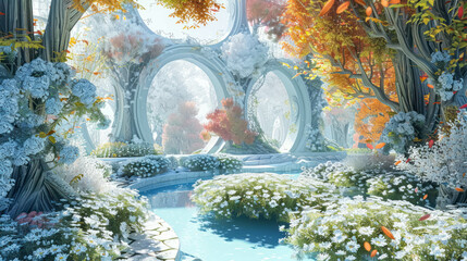 Enchanted Elven Garden of Dreams with White and Light Blue Blossoms Amidst Colorful Elven Trees. With Arches. Fantasy Elven Landscape