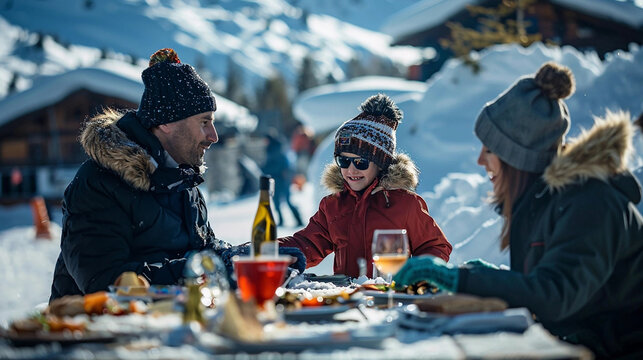 Happy family having lunch in the snow in winter at the mountain on ski resort, they look happy, smiling as they eat and drink to replenish energy after skiing, wearing padded jacket and wool bonnet