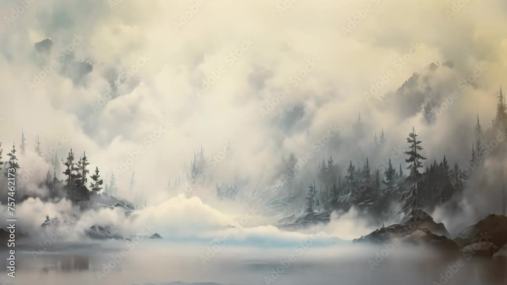 Sticker foggy forest landscape with a river in the foreground. digital painting, monochromatic painting depi