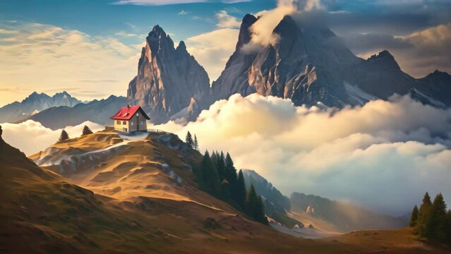 Fantastic autumn landscape with small chapel in the Dolomites, Italy, Mountains in fog with beautiful house and church at night in autumn. Landscape with high rocks, blue sky with moon, AI Generated
