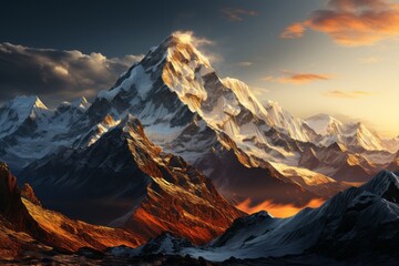 A sunset painting of snowy mountain with colorful sky and clouds - obrazy, fototapety, plakaty