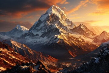 Snowcovered mountain in a brilliant sunset, under a colorful sky - obrazy, fototapety, plakaty