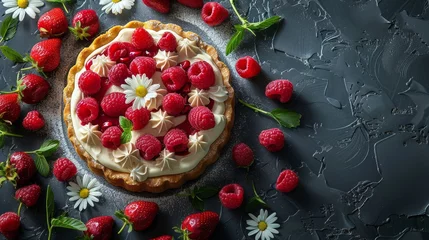 Schilderijen op glas Pie Topped With Fresh Raspberries and Daisies © yganko