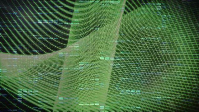 Animation of green network lines moving over data processing lights on dark background