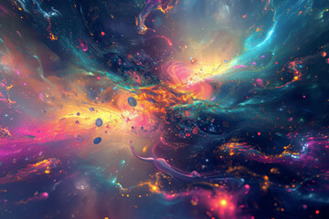 Captivating cosmic explosion of color with swirling neon pinks, blues, and oranges resembling a vibrant nebula, imaginative backdrops, music album art, digital wallpaper - obrazy, fototapety, plakaty