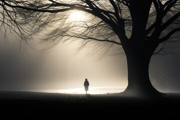 Person standing by tree in foggy weather