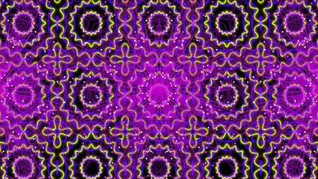 Animation of moving purple and white kaleidoscopic pattern with stars and crosses