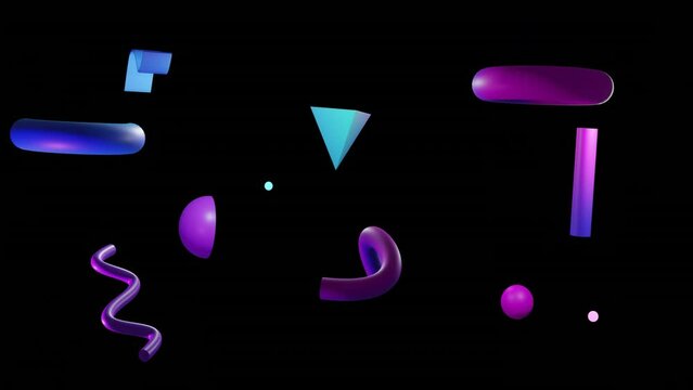Animation of 3d purple and blue shapes rotating over purple clouds on black background