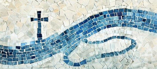A mosaic of blue and white tiles The cross is placed at one end to symbolize life in Jesus' name Generative AI