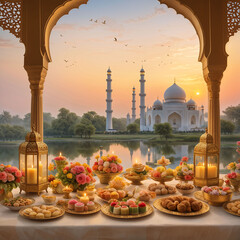 mosque at night, eid ul fitr celebration, eid food on the table on the bank or river, a mosque in background, birds are flying, beautifull sunset - obrazy, fototapety, plakaty