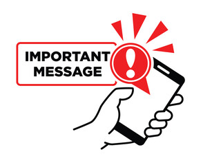 Notification with exclamation sign on the smartphone screen. Important message or reminder. Vector on transparent background