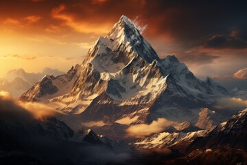 Snowcovered mountain with clouds at sunset a breathtaking natural landscape