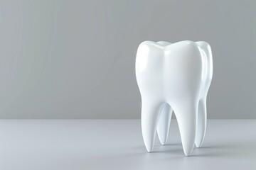3d white, healthy-looking molar tooth isolated on a light grey background with copy space