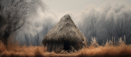 A charming thatched hut surrounded by a natural landscape of trees and grass, with a backdrop of mountains and hills under a cloudy sky - obrazy, fototapety, plakaty