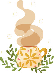 Hand draw cup and saucer with leaves and chrysanthemums isolated on white, Mug with coffee, tea. Vector illustration in cartoon.Splash of coffee, 