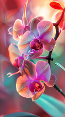 Beautiful large orchid flowers on a branch.