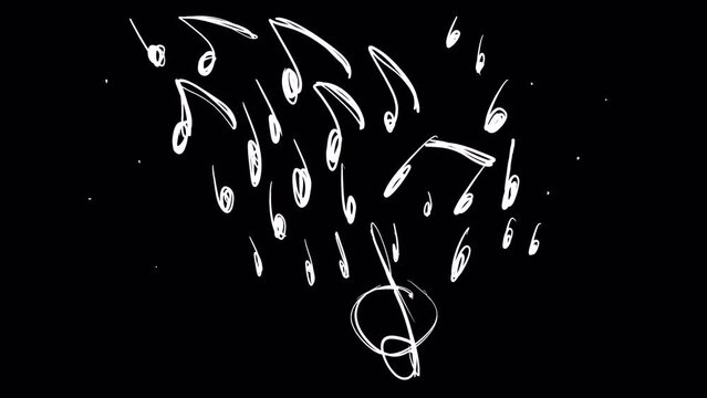 Animation of pulsating musical notes and a treble clef on a black screen. Stock music video with white elements of a classical melody in 4K with an alpha channel.