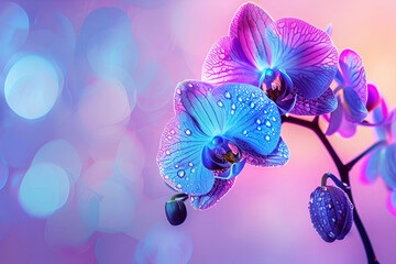 Blue orchids with delicate drops of dew