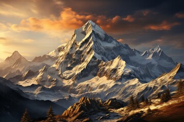 Snowy mountain painted against a colorful sunset sky
