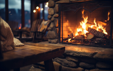 A cozy cabin interior with a roaring fire in the stone fireplace, casting a warm glow on the rustic wooden furnishings.