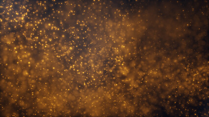 Abstract movements of luminous gold particles in the flow of liquid on a dark background. Beautiful shiny glitter floating bokeh dust with flare, animation in slow motion.