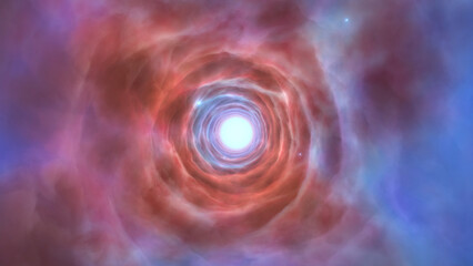 Passing through a magical glowing tunnel, fantasy nebula clouds of blue pink energy and particles of light. Flying forward through an abstract dynamic endless ethereal dream-like background. © Vooper