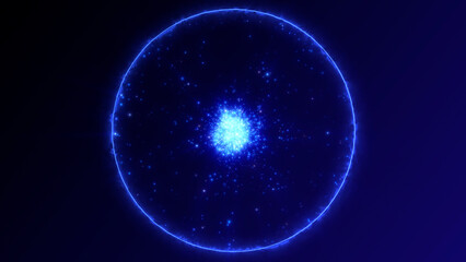 Abstract blue luminous energy sphere of particles field and waves of magical glowing on a dark background. Plasma core emitting fractals scientific. Futuristic hi-tech digital background.