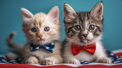 Patriotic cute kittens in bow ties and pose on American flag. Independence Day or flag day