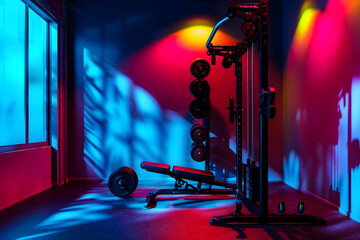 Interior of a fitness room with barbells in neon light. Modern Mini Home Gym in bright colors