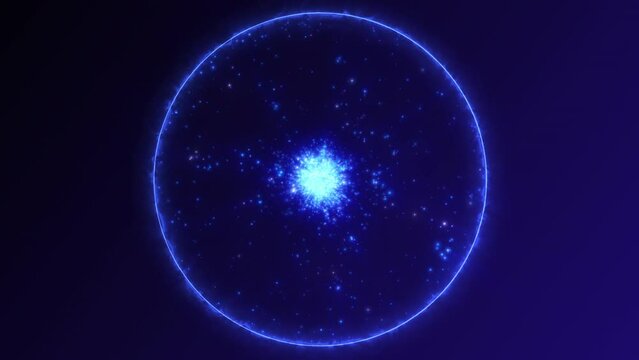 Abstract blue luminous energy sphere of particles field and waves of magical glowing on a dark background. Plasma core emitting fractals scientific. Futuristic hi-tech digital background. 4k 60 fps.